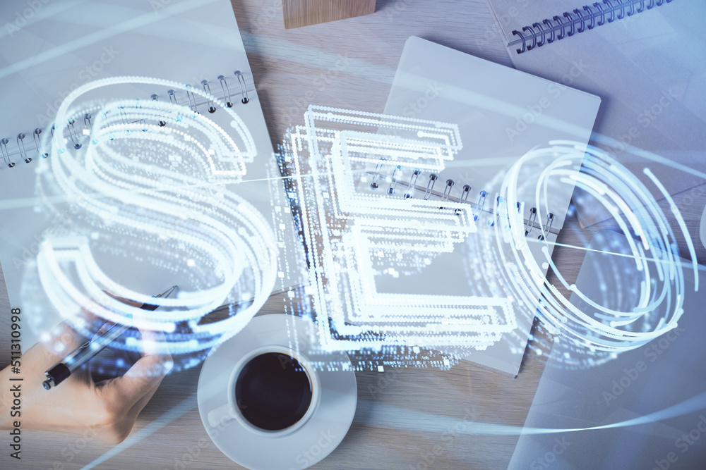 Poster double exposure of woman's hands making notes with seo icon. concept of search engine optimization