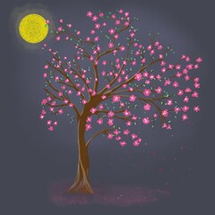 blooming tree, sakura in bloom, night landscape, watercolor background
