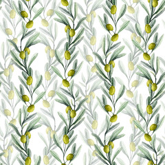 Watercolor seamless Olive Pattern. Hand drawn background with green branches and fruits. Mediterranean print for textile design. Painting in vintage style