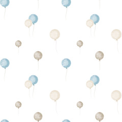 Seamless Pattern with blue Balloons. Watercolor hand painted Background for baby textile design or birthday party