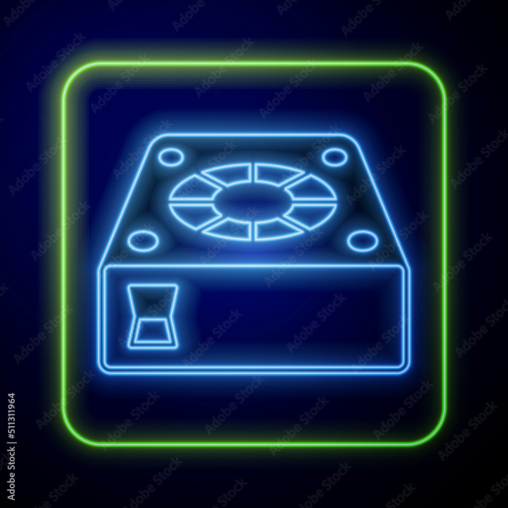 Poster glowing neon computer cooler icon isolated on blue background. pc hardware fan. vector