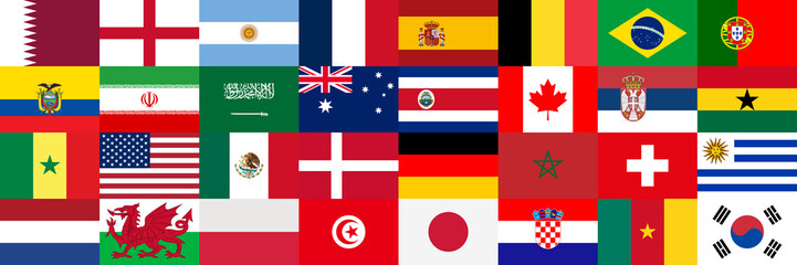 Flags of Countries Participating in the Football Championship in Qatar 2022. Group Stage Final. Mondiale 2022. Football 2022. Sorted by Group Matches, Collected in One Banner. National Flags. Vector