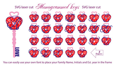 Monogrammed Keys 3D Layered Laser Cut Files Bundle.Cut and craft your own Monogramm ornament with 3D Layered Digital Cut Files