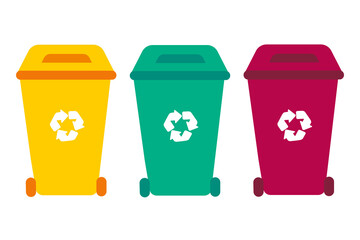 Colorful bins with recycle symbol, vector. Isolate on white background.