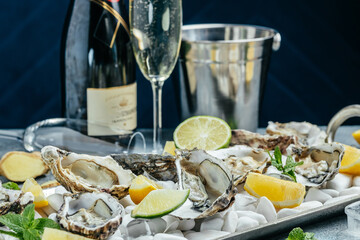 Fresh oysters with lemon and ice. Restaurant delicacy. oysters dish. Oyster dinner with champagne...
