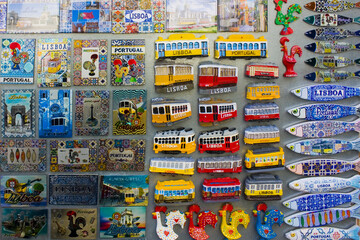 Different magnet souvenirs for sale at local store in Lisbon, Portugal