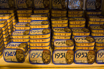 Colorful canned sardines in local specialised sardine store in Lisbon