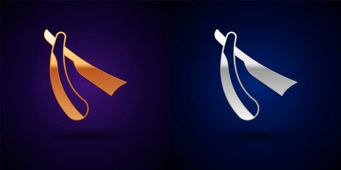 Gold and silver Straight razor icon isolated on black background. Barbershop symbol. Vector