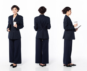 Full length 30s 40s Asian Woman teacher student business, 360 turn front side back rear view