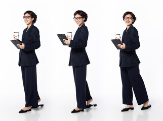 Full length 30s 40s Asian Woman teacher student business, walking forward left right