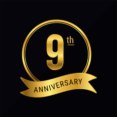 9th anniversary logo golden color for celebration event, wedding, greeting card, invitation, round stamp