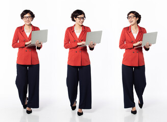 Full length 30s 40s Asian Woman programmer businesswoman, walking forward left right