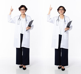 Fototapeta premium Full length 30s 40s Asian Woman Doctor with stethoscope, pointing finger up in Air