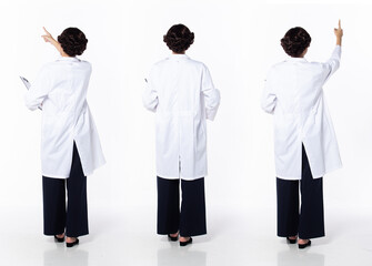 Obraz premium Full length 30s 40s Asian Woman Doctor with stethoscope, pointing finger up in Air