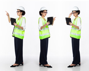 Full length 30s 40s Asian Woman Engineer Architecture Industry, working hard thinking