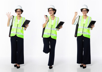 Obraz premium Full length 30s 40s Asian Woman Engineer Architecture Industry, wow surprise glad shock