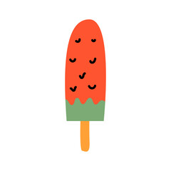 Cute summer ice cream on wooden stick. Red and green frozen ice cream with watermelon. Vector illustration on isolated background.