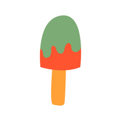 Cute summer ice cream on wooden stick. Red and green frozen ice cream. Vector illustration on isolated background.
