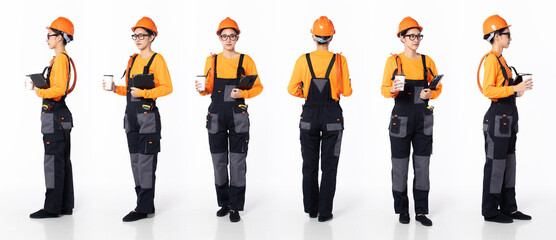 Obraz premium Full length 30s 40s Asian Woman Industry electrician, 360 front side back rear