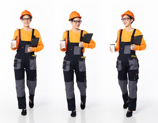 Full length 30s 40s Asian Woman Industry electrician, walking forward left right