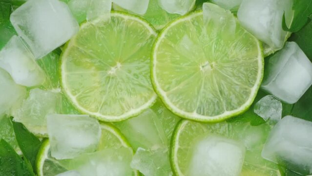 Rotating background of lime slices,mint leaves and cubes of ice ,concept of mojito , close-up, fresh summer bright background