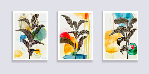 Fototapeta na wymiar Trendy set of minimalist tropical leaves and abstract forms. Minimal botanical wall art. Mid century modern graphic. Plant art design for social media, blog post, print, cover, wallpaper. Vector