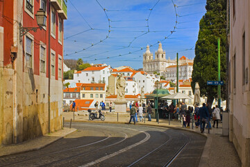 Fototapeta na wymiar Street near famous Miradouro das Portas do Sol in Lisbon
