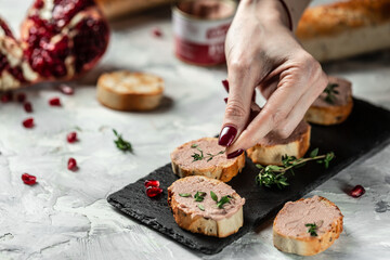 gourmet Belgian duck liver pate bread. Fresh homemade chicken liver pate on toasted bread with...