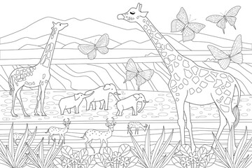 africa landscape with wild animals for your coloring book