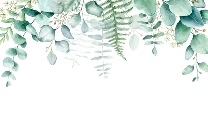 Eucalyptus watercolor border.Watercolor hand painted border with eucalyptus leaves and branches. Background for wedding invitations, save the date or greeting cards.. - 511316513
