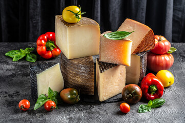 various types of Spanish manchego cheese made from cow and goat milk. International dairy delicacies