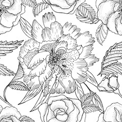 Black and white illustration of rose buds and peony seamless pattern. Hand drawn flower head and leaves. Wallpaper and printing on fabric. Design element and print. Monochrome doodle sketch art