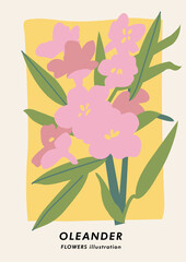 Vector illustration botanical poster with oleander flowers. Art for postcards, wall art, banner, background