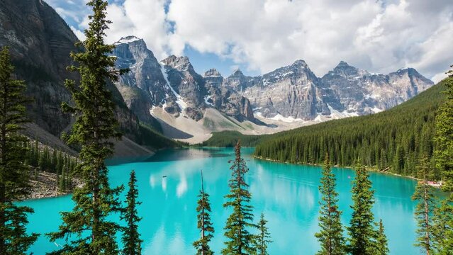 Banff National Park, Alberta, Canada, zoom out timelapse view of Moraine Lake and Valley of the Ten Peaks during summer. 