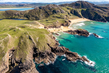 Aerial view of the Murder Hole beach, officially called Boyeeghether Bay in County Donegal, Ireland