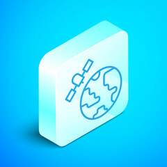 Isometric line Artificial satellites orbiting the planet Earth in outer space icon isolated on blue background. Communication, navigation concept. Silver square button. Vector