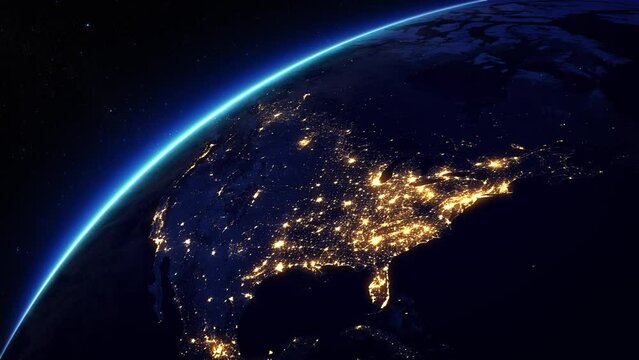 
Animation of Earth Rotating. United States Map with City Lights. North America View from Space. Global Space Exploration Travel Concept Digitally Generated Image.