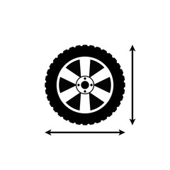 Wheel size. Vector illustration with double arrows. Drawing and icon on a white background. 