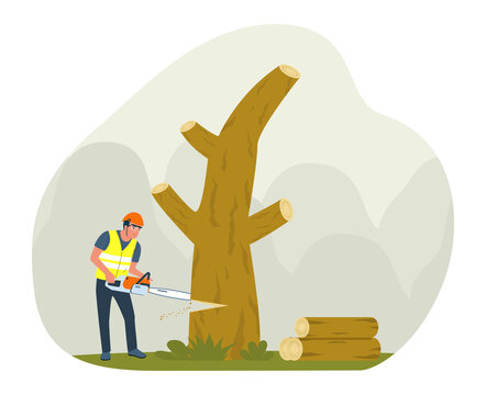 A worker is chopping firewood using a chainsaw. Vector illustration.