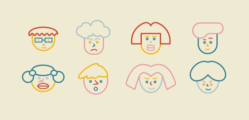 Comic outline Avatars. Set of Cute funny characters. Colorful faces, various emotions. Minimalistic Icons. Simple design Vector illustration. Cartoon abstract style. Every icon is Isolated