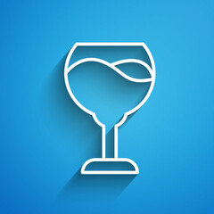 White line Wine glass icon isolated on blue background. Wineglass sign. Long shadow. Vector