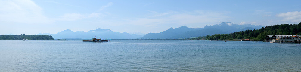 Prien am Chiemsee, Bavaria, Germany, panoramic view over Chiemsee with Chiemgau Alps in background  
