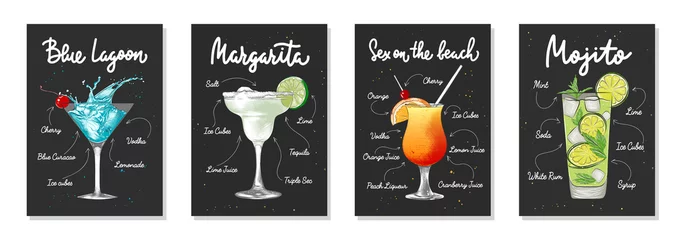 Foto op Plexiglas Set of 4 advertising recipe lists with alcoholic drinks, cocktails and beverages lettering posters, wall decoration, prints, menu design. Hand drawn typography with sketches. Handwritten calligraphy. © AkimD