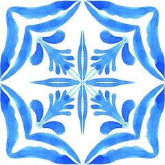 Tapeten Azulejos - Portuguese tile blue watercolor pattern. Traditional ornament. © liliia_sinhina