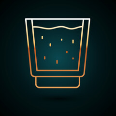 Gold line Glass with water icon isolated on dark blue background. Soda glass. Vector