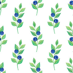 Blueberry sprout with green leaves isolated on a white background. Summer fresh seamless pattern. Minimalistic botanical wallpaper