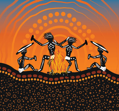 People dancing around the campfire aboriginal art
