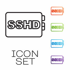 Black line SSHD card icon isolated on white background. Solid state drive sign. Storage disk symbol. Set icons colorful. Vector