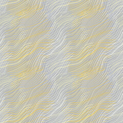 Abstract seamless pattern. Silver and gold hatched texture. Wavy curved lines on gray background