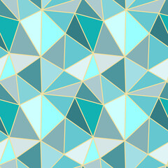 Low polygonal abstract geometric seamless pattern. Triangle tiles mosaic of mint blue and gray shapes with gold edges. Low poly design